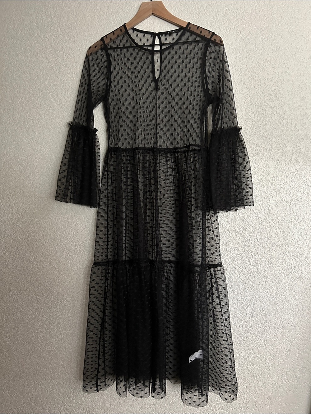 Express Black Sheer Dot Midi Dress with Bell Sleeves